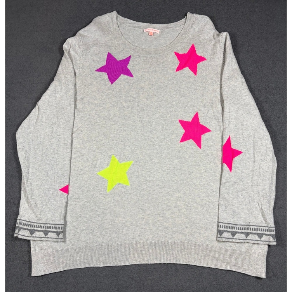 Lisa Todd Sweater Womens 3X Gray Neon Star Intarsia Cotton Cashmere Pullover